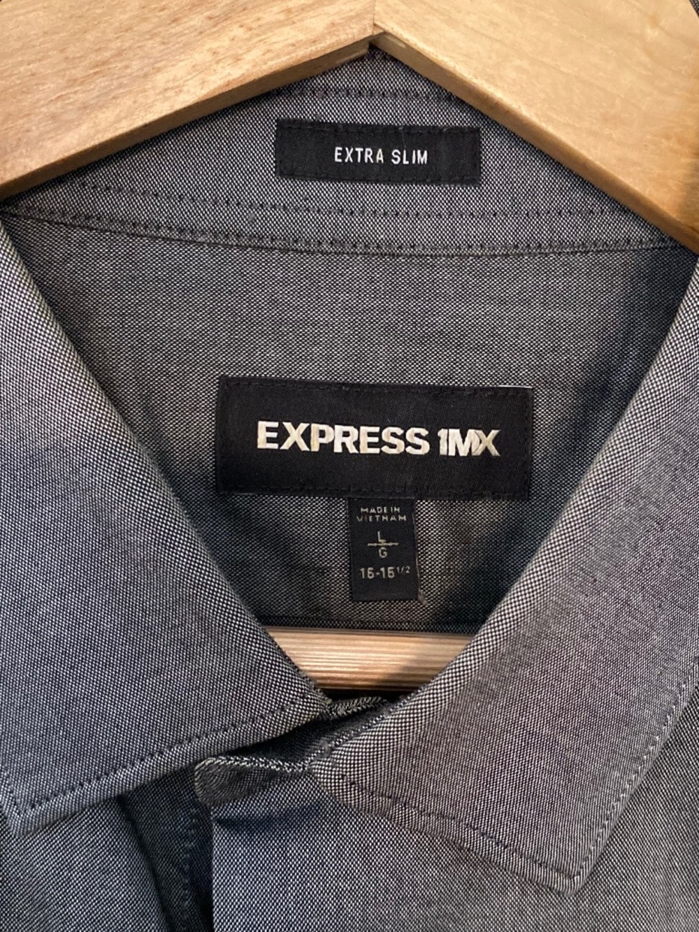 Express 1MX Extra Slim Dress Shirt Mens Large Gray Stretch Button Down 15-15½